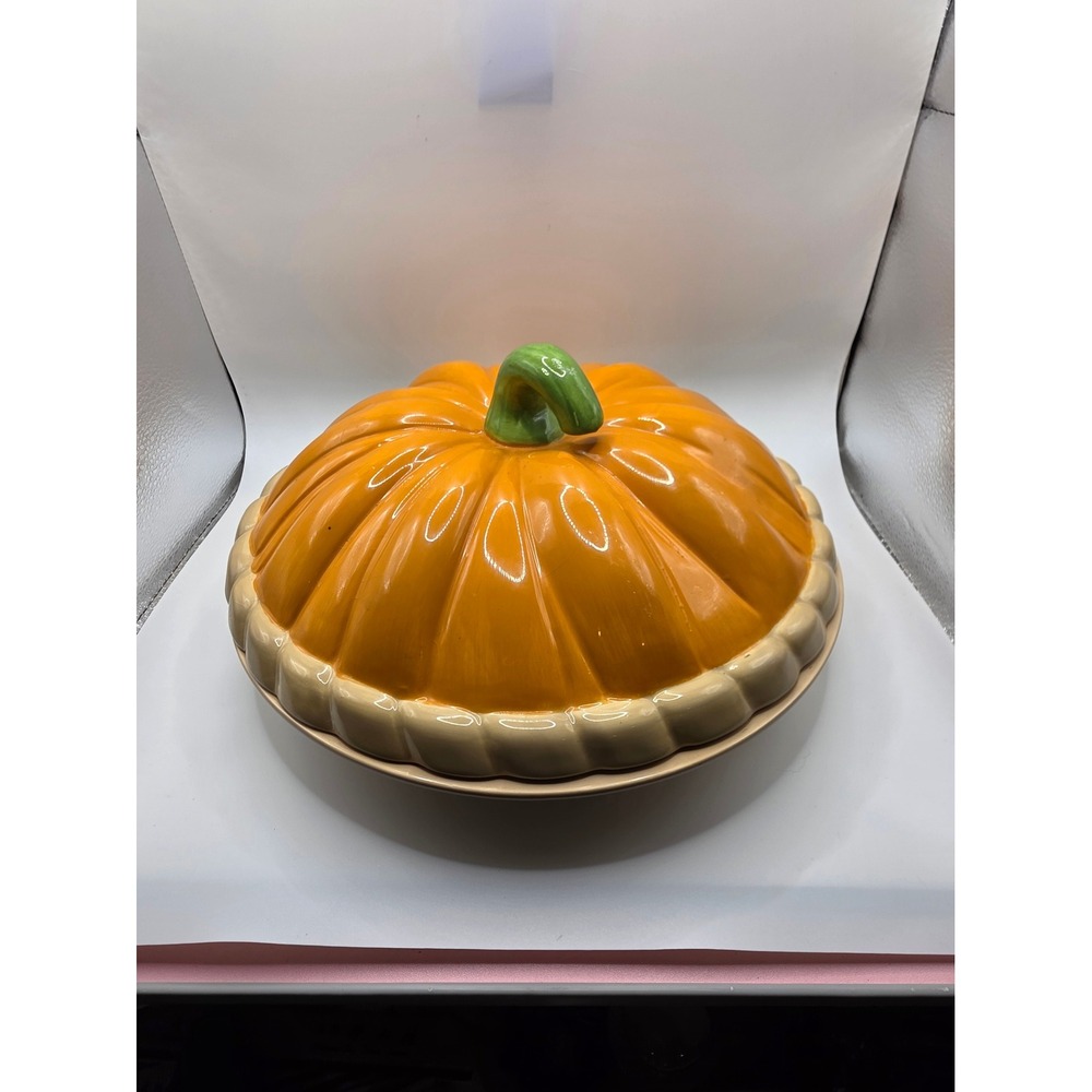 Vtg Martha Stewart Collection Ceramic Pumpkin Pie Dish with Lid Orange Fall